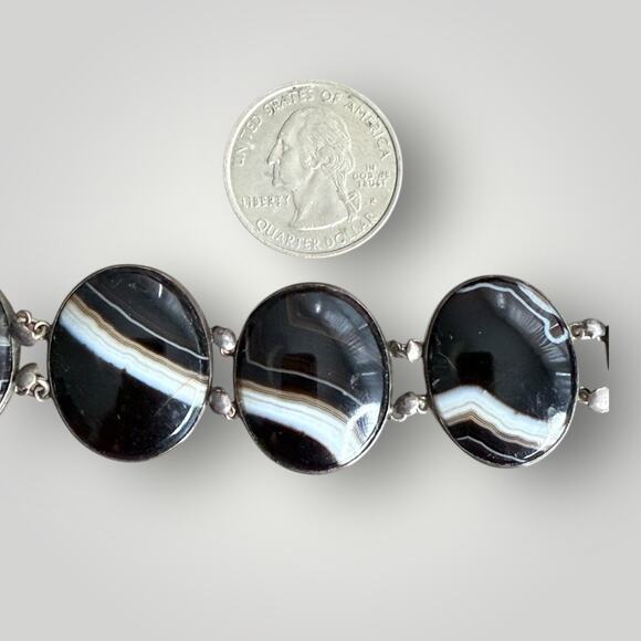 Vintage Sterling Silver Banded Agate Bracelet Oval Cabochon Stones sz 7 - Picture 9 of 9